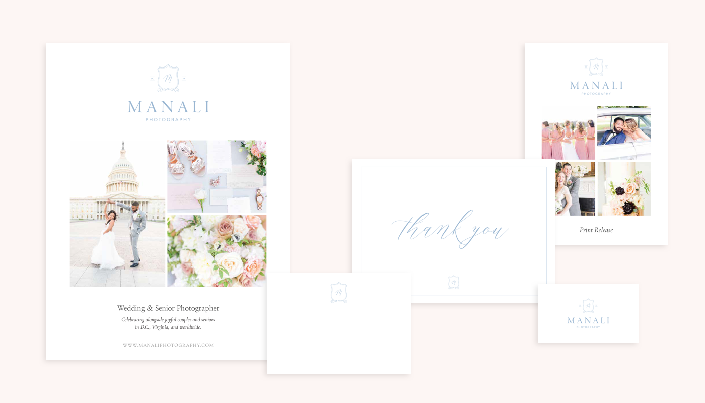 Stationery suite for Manali Photography including flyer, note card, thank you card, print release, and business card
