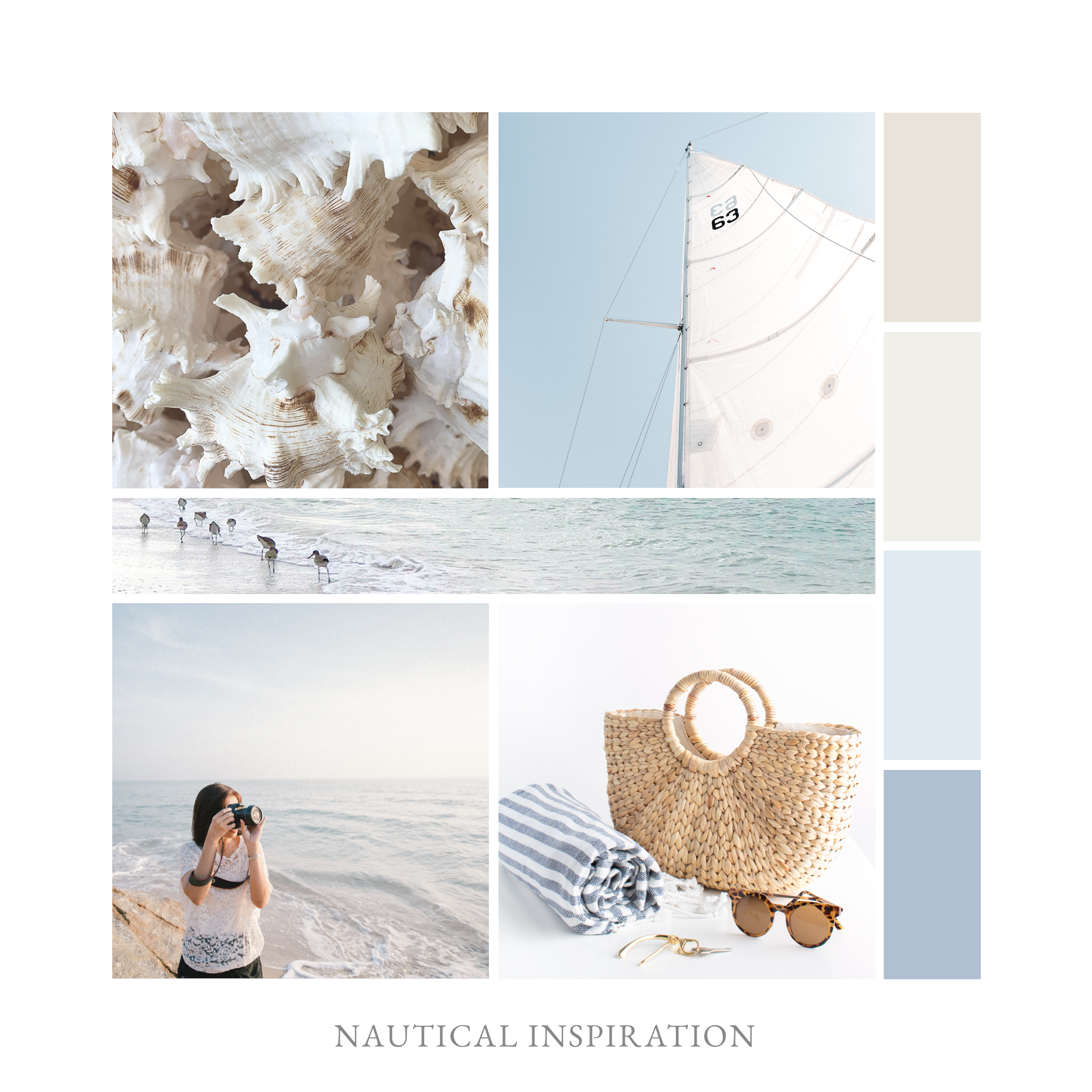 Mood board featuring nautical and beach elements with calming blues and sand tones