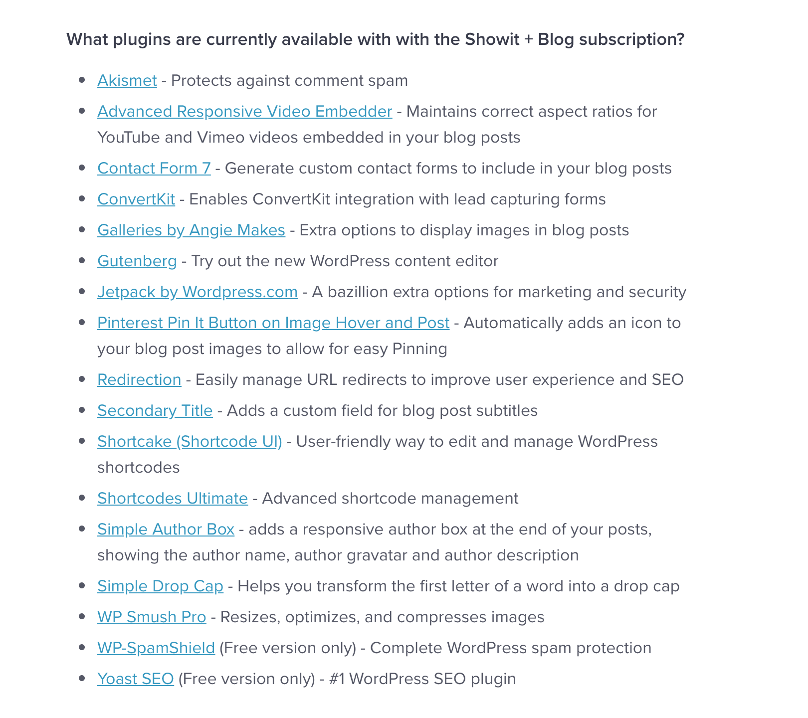 List of plugins to use with Showit's basic blog pricing tier