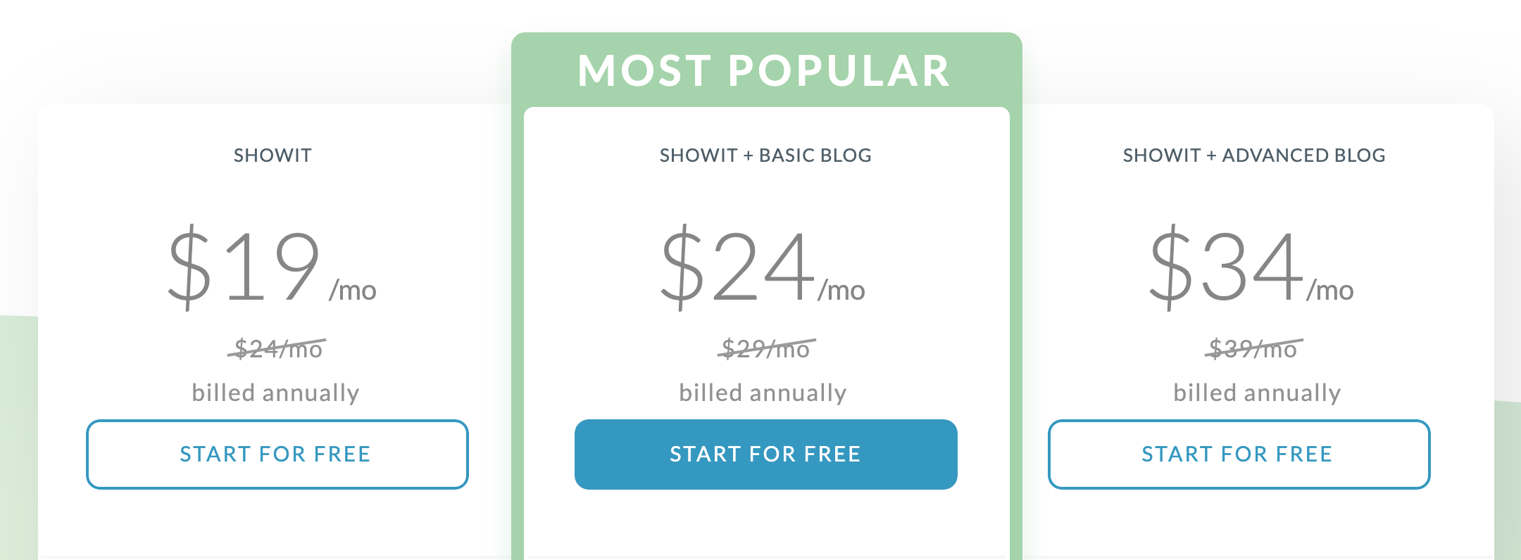 Showit Pricing Page with 3 pricing tiers