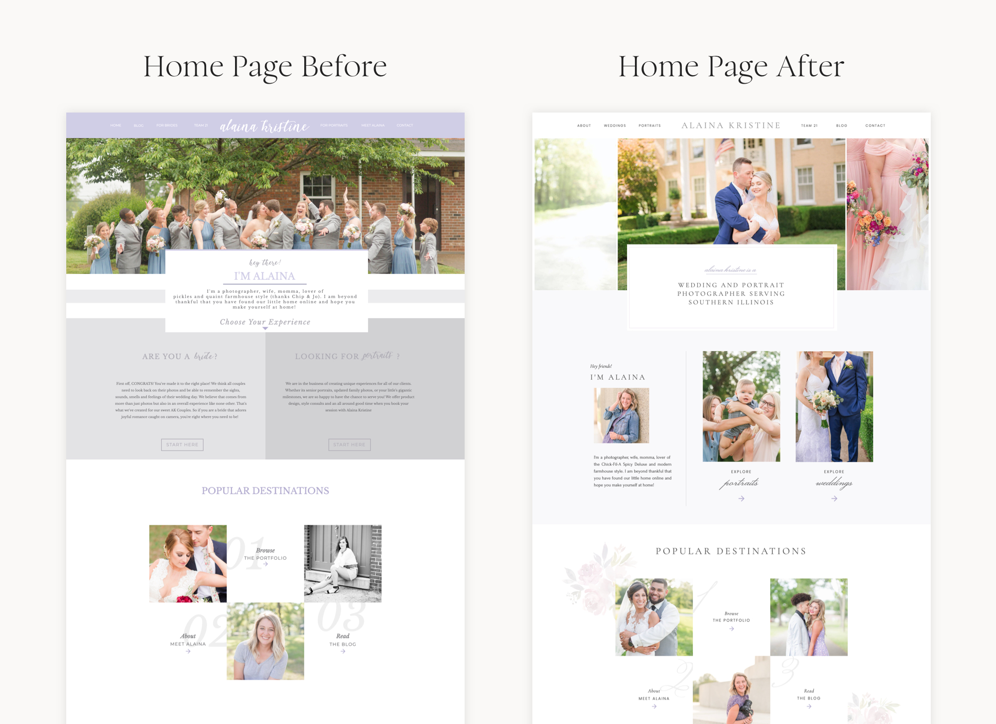 Home page before and after