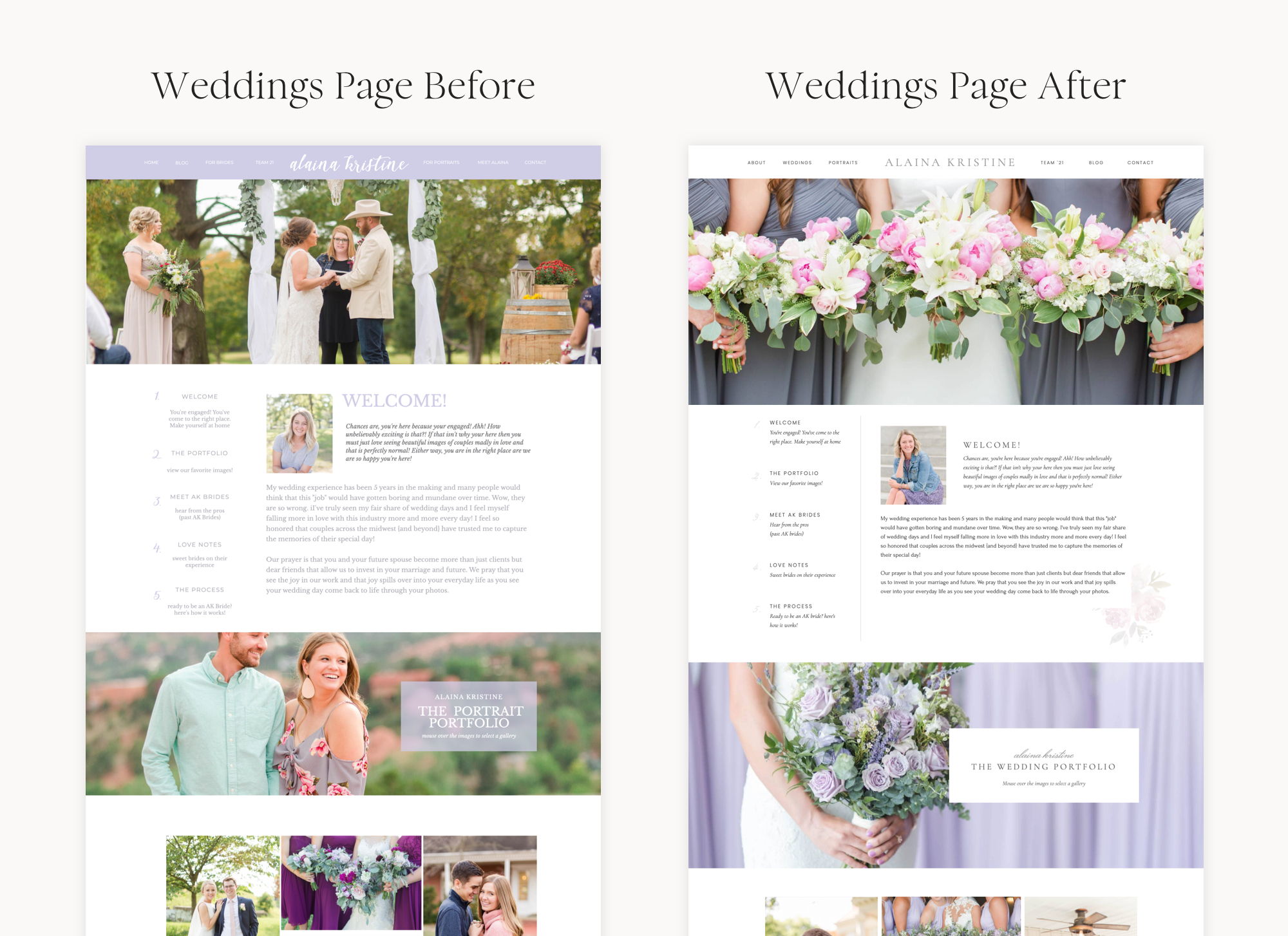 Weddings page before and after