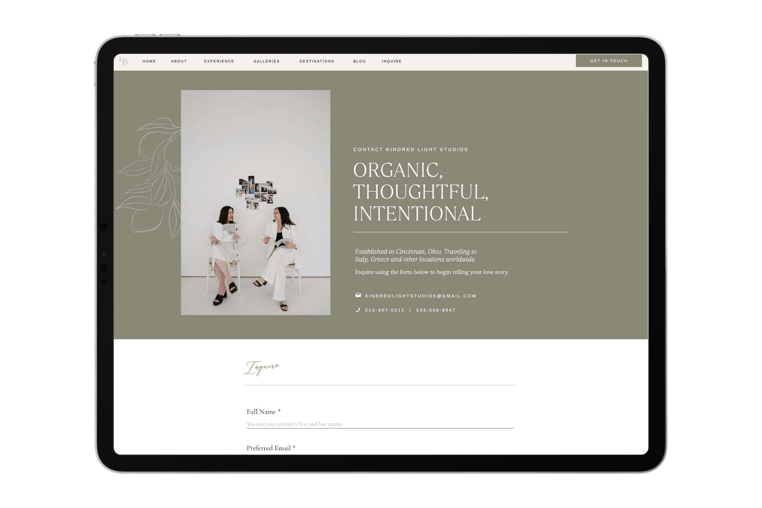Kindred Light Photography website contact page on an iPad