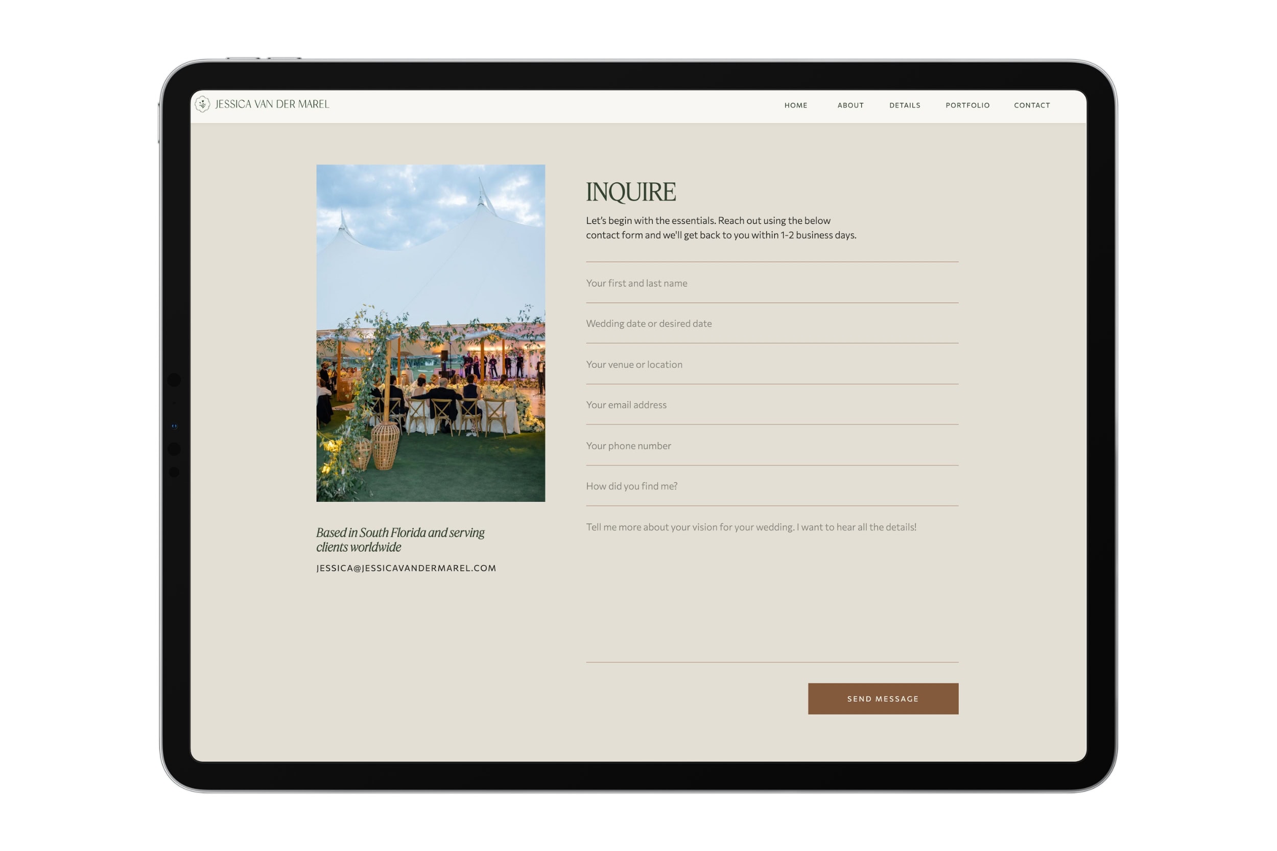 Jessica van der Marel Photography website contact page on an iPad