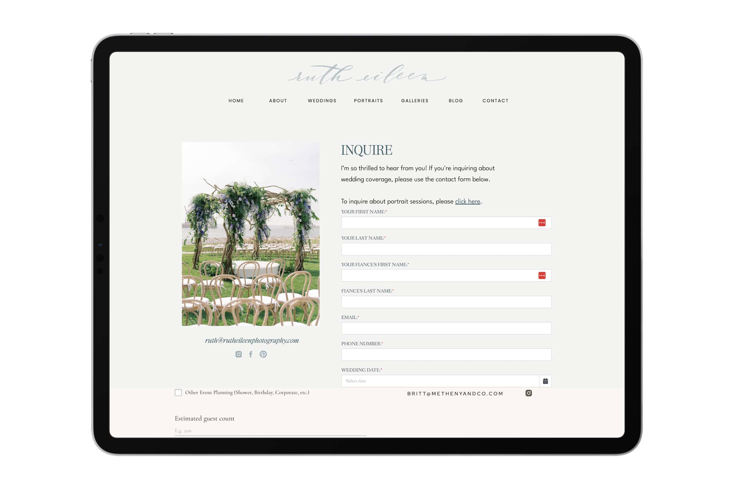 Ruth Eileen Photography website contact page on an iPad