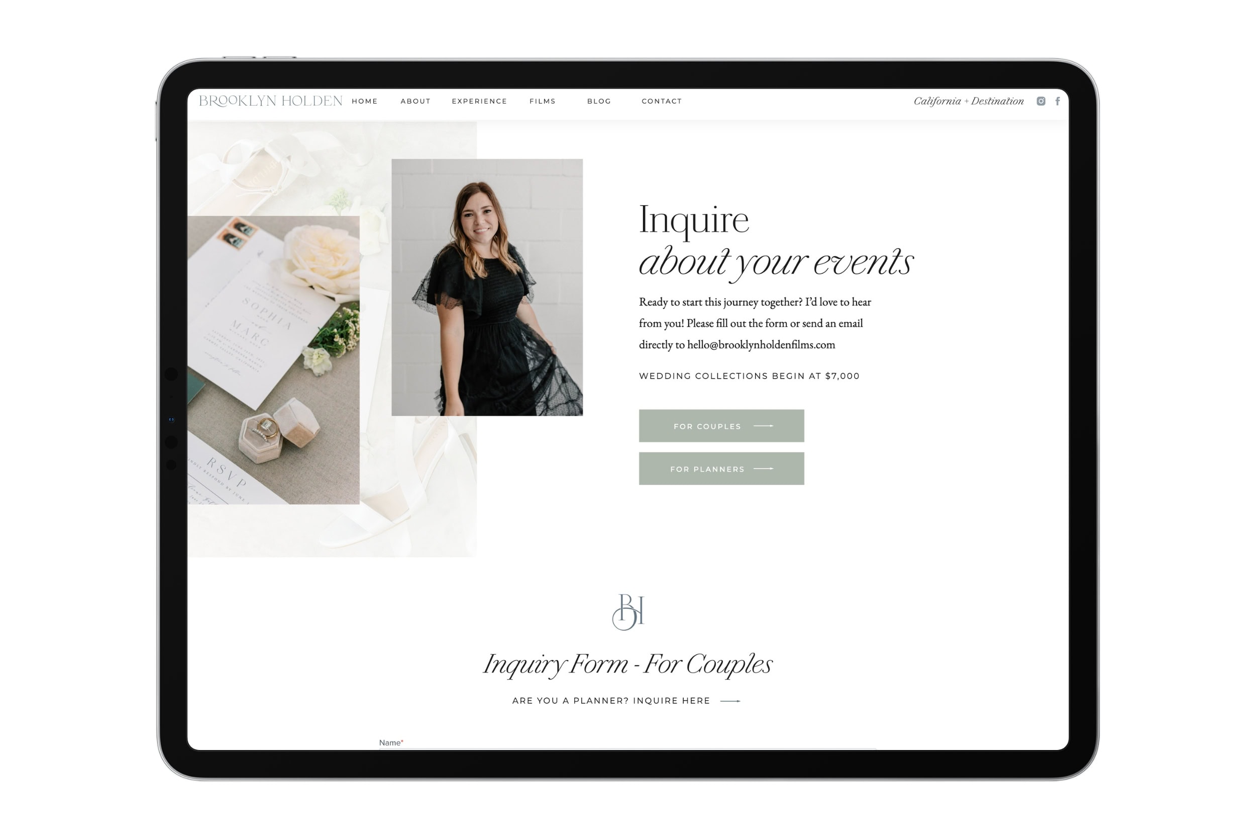 Brooklyn Holden Films website contact page on an iPad