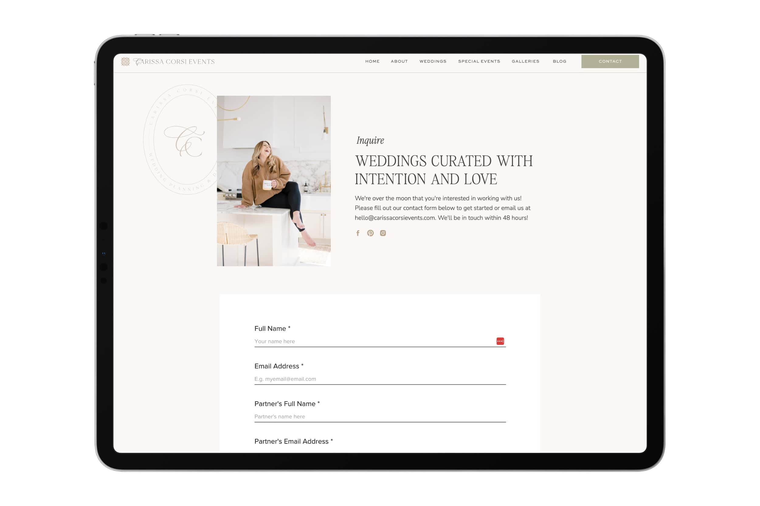 Carissa Corsi Events website contact page on an iPad