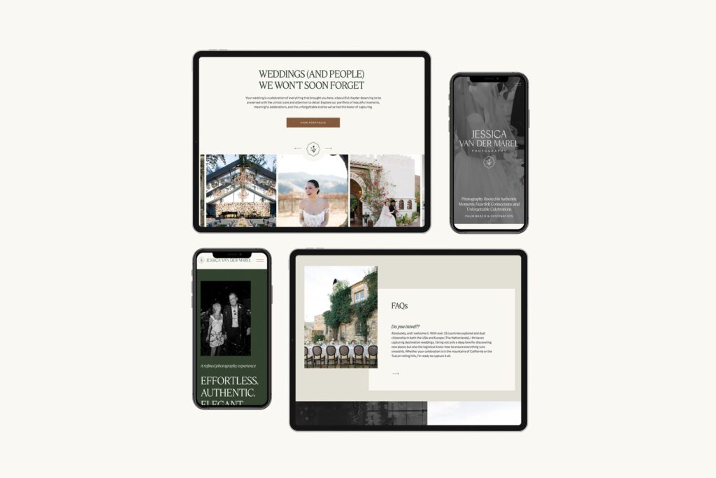 Flatlay of digital brand presentation slides shown on multiple devices including tablet and phone.
