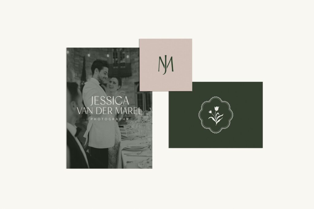 Branding preview with green and blush tones featuring different logo variations.