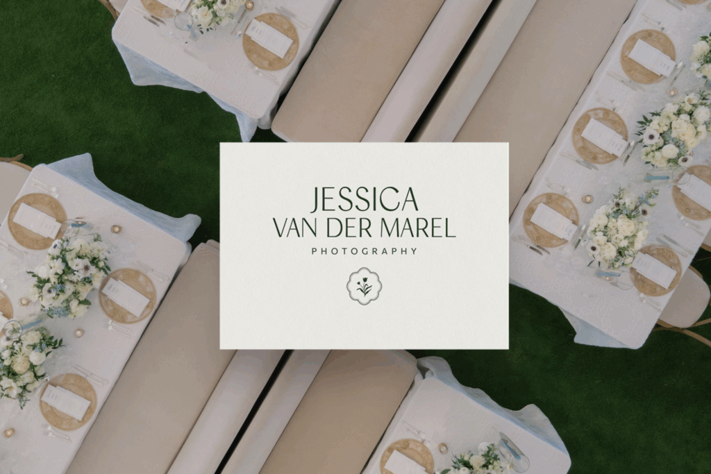 Branding card design for “Jessica Van Der Marel” displayed over neutral-toned ribbon background.