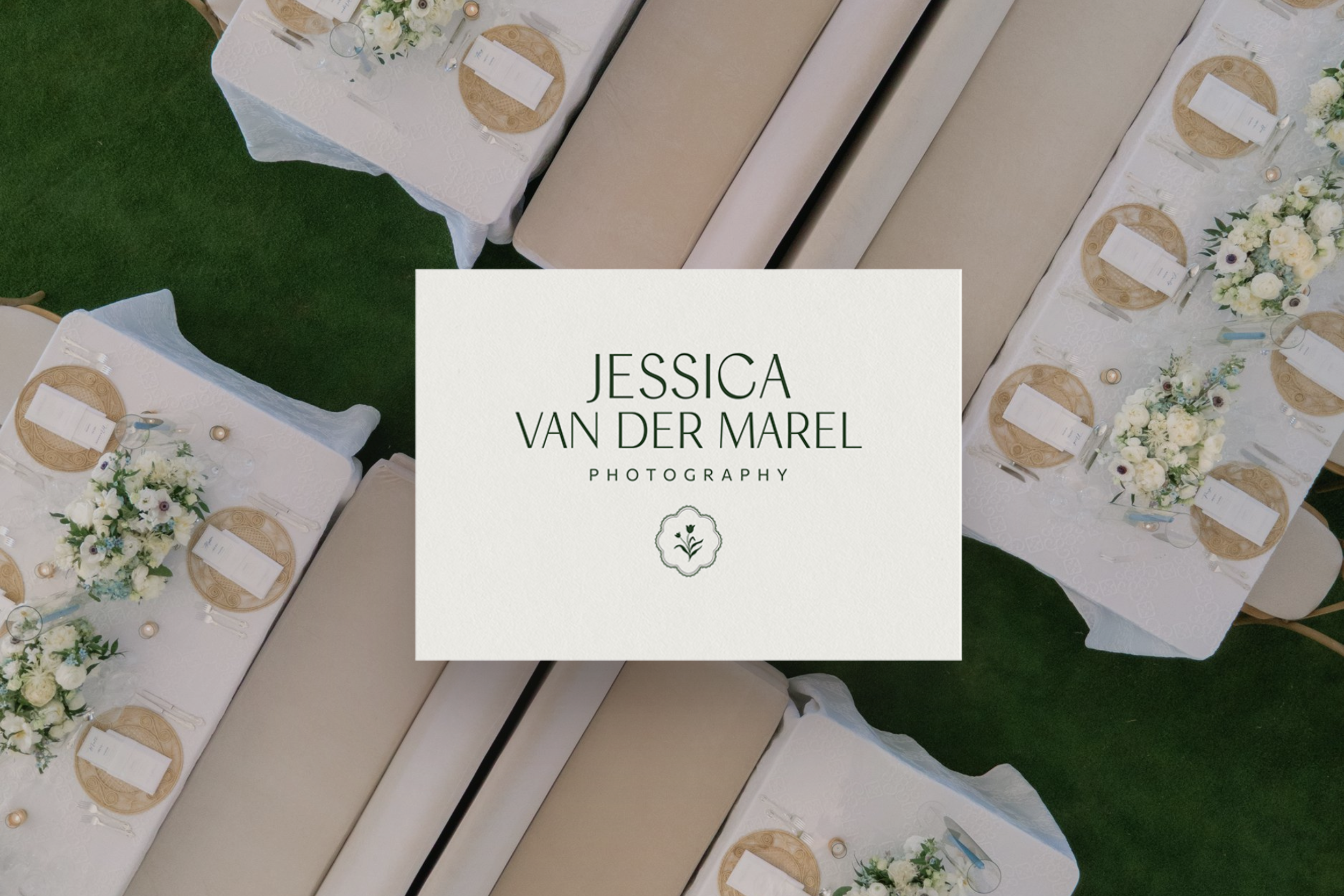 Branding card design for “Jessica Van Der Marel” displayed over neutral-toned ribbon background.