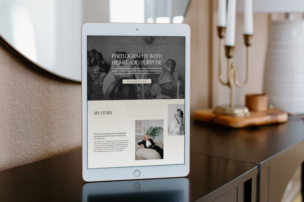 Tablet mockup displaying wedding brand’s About page with soft candlelight ambiance in background.
