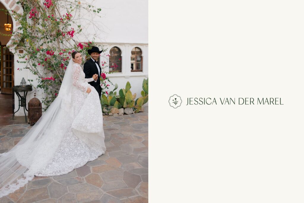 Photo of bride and groom outdoors with Jessica Van Der Marel logo on the right.