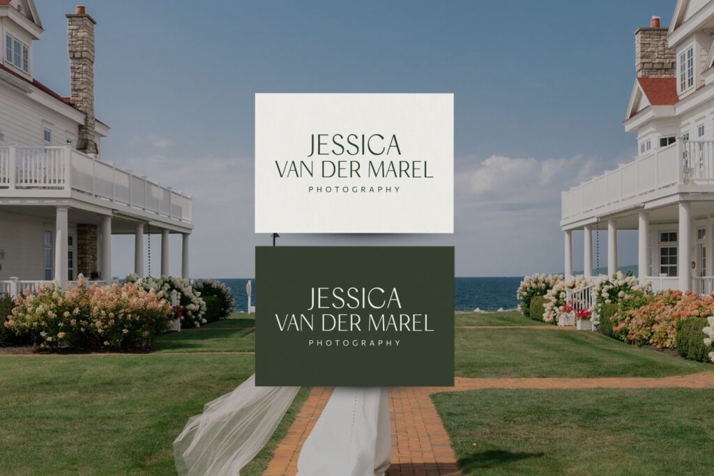 Vertical brand graphic showing full logo on green background and alternate version with wedding venue in background.