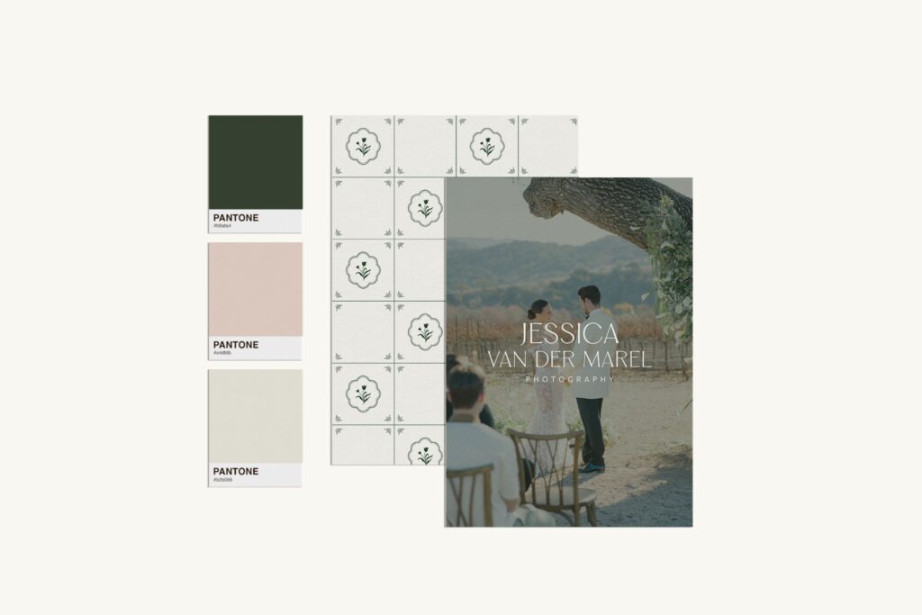 Brand board preview with color palette, logo variations, and design elements.