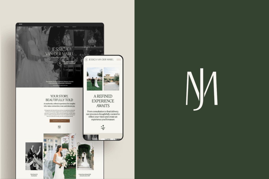 Website mockup on desktop and mobile devices on the left and monogram on the right