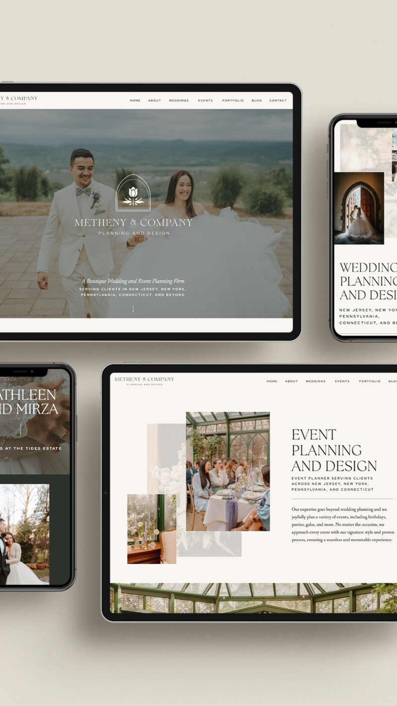 Tablet and smartphone mockups showcasing a luxury wedding planner’s custom Showit website design with elegant fonts, soft color palette, and romantic imagery.