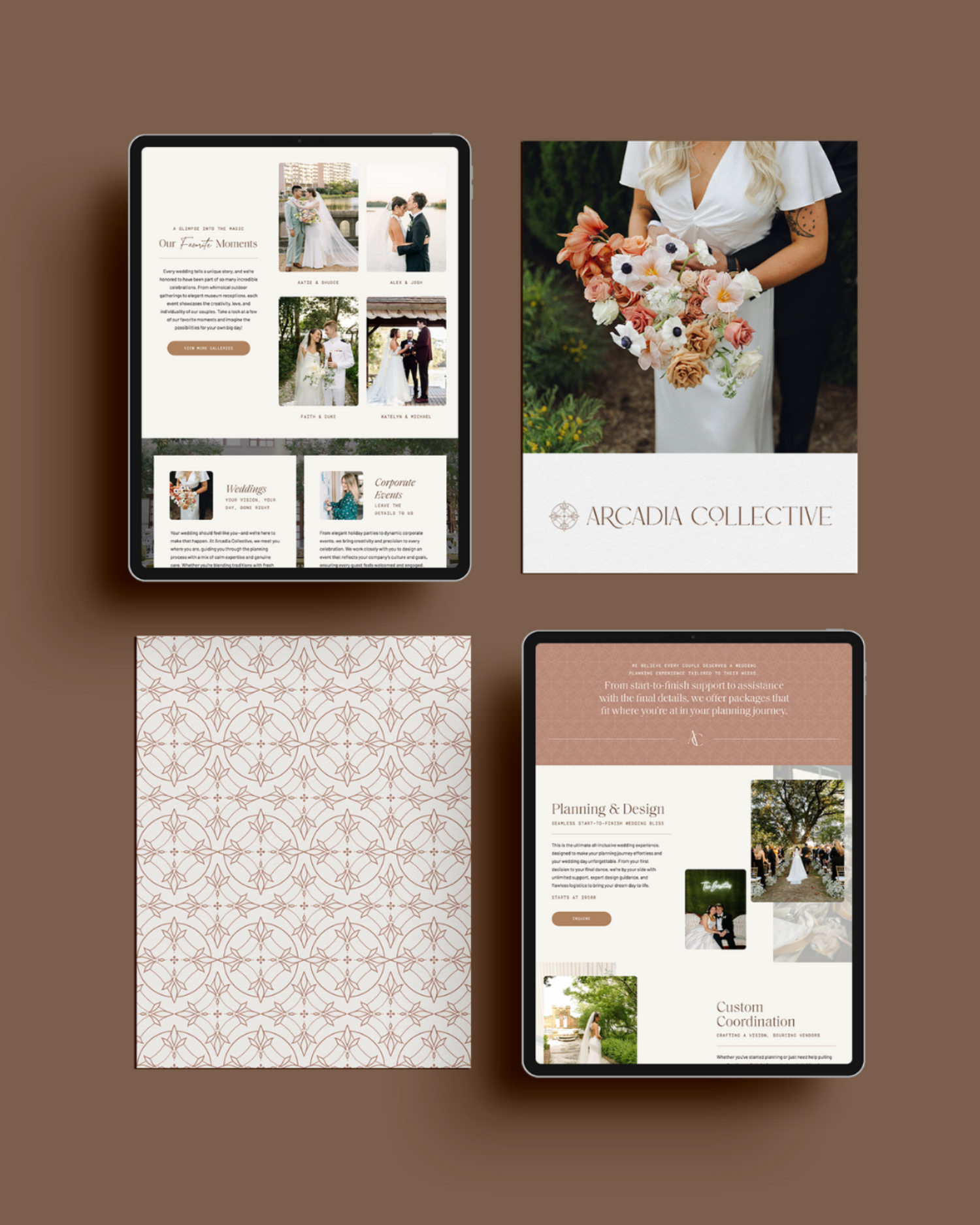 Digital mockups of Arcadia Collective’s warm-toned brand design with floral patterns and editorial wedding photography. rebrand your business.
