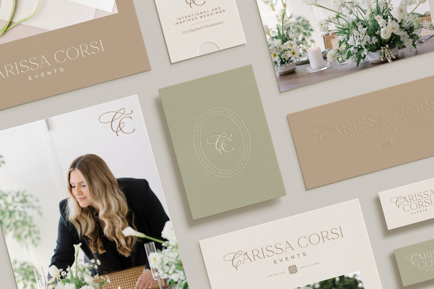Flat lay of elegant wedding brand stationery and print materials in soft neutrals and sage tones for Carissa Corsi Events.