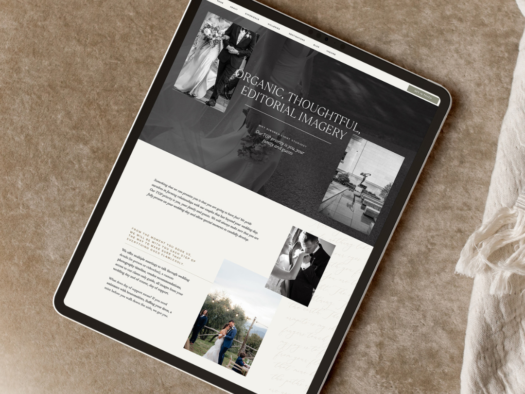 Tablet showcasing an elegant, neutral-toned wedding photography website with editorial imagery and refined typography. - rebrand your website.