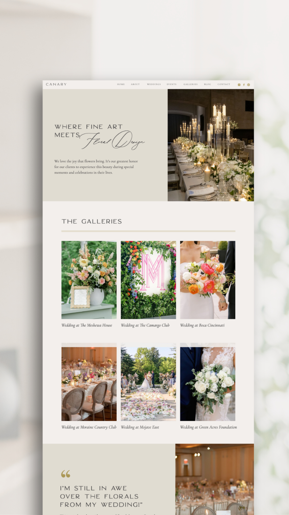Showit website design for a fine art floral designer featuring elegant wedding gallery images and luxury event styling.