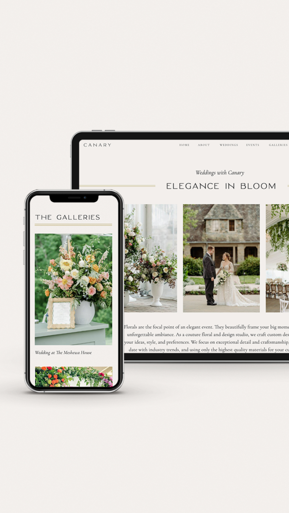 Responsive Showit website design for a wedding floral designer displayed on phone and tablet screens with romantic floral imagery. -- website refresh