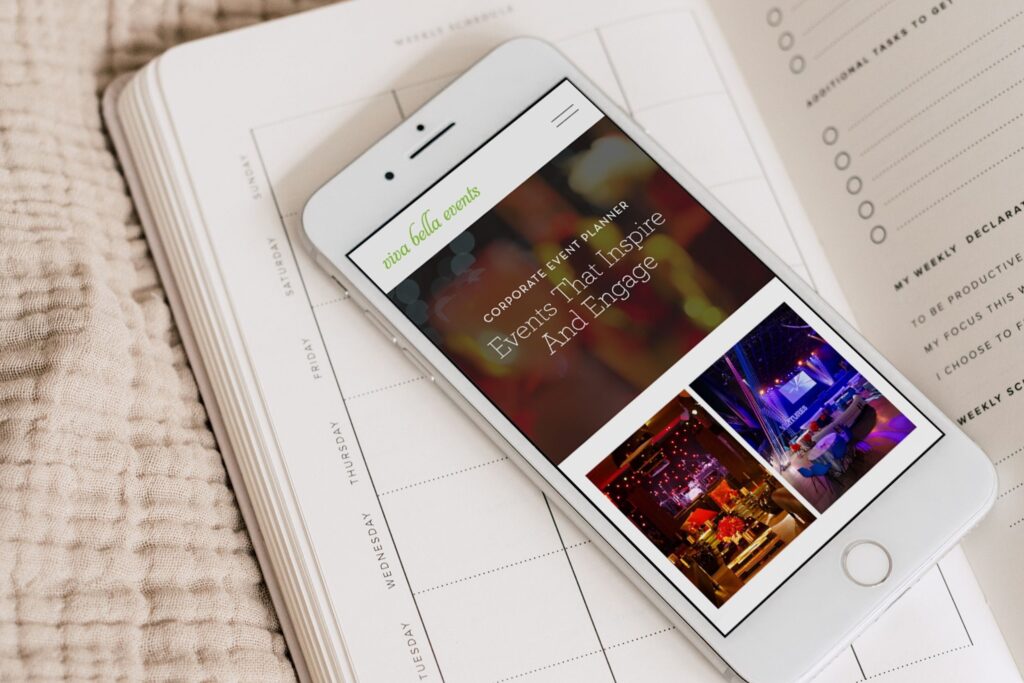 Viva Bella Events corporate event page mockup on iPhone