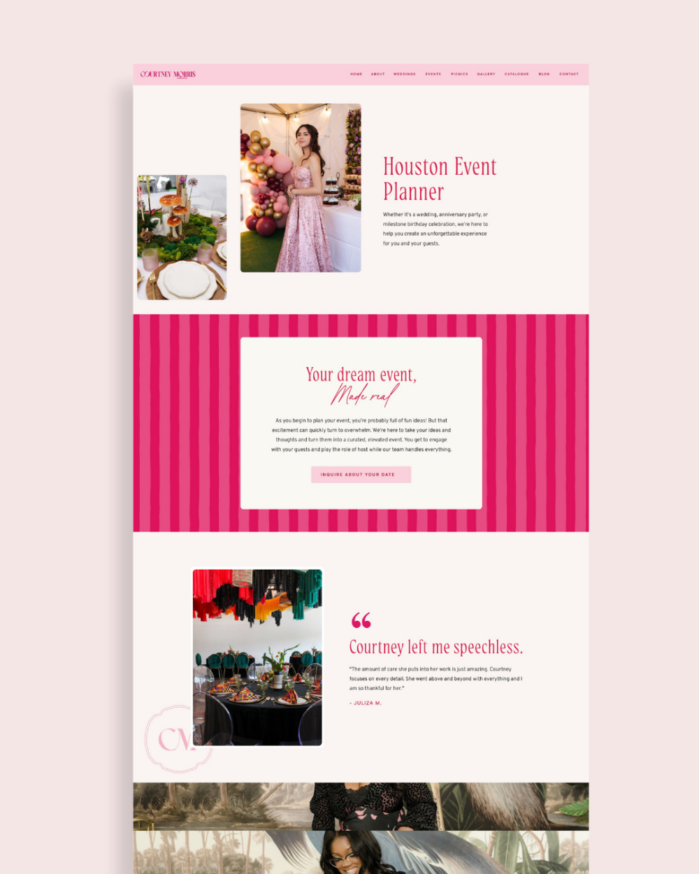 A pink-themed webpage highlighting a Houston event planner with images of elegant tablescapes, balloons, and styled celebrations. Text sections describe services and client testimonials, similar in style to wedding planner websites.