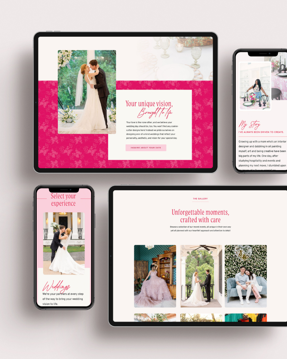 Multiple devices displaying a wedding planner website with photos of couples, event décor, and service descriptions. Layouts highlight romantic design elements, galleries, and personalized wedding planning experiences.
