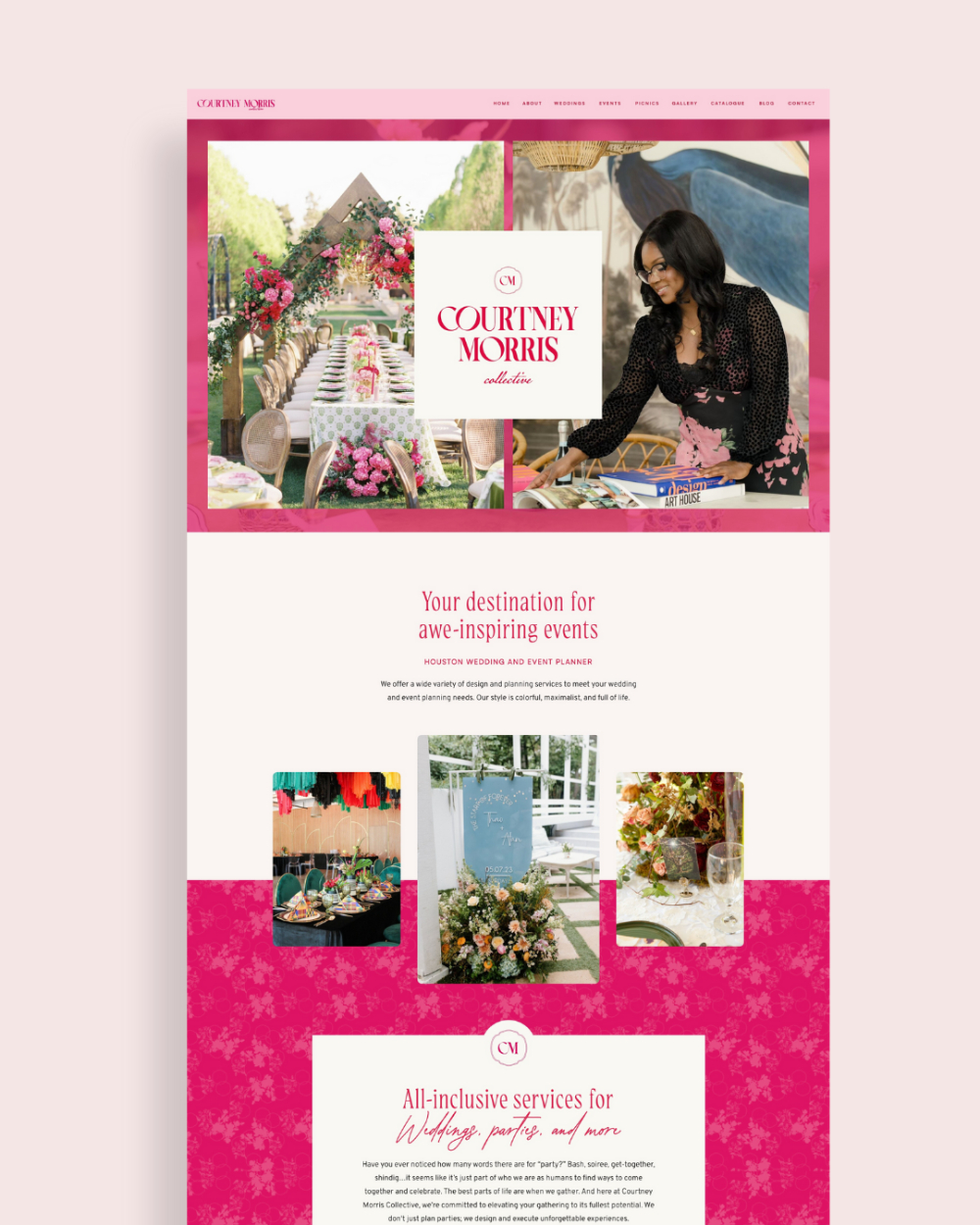 A vibrant webpage design for Courtney Morris Collective featuring a lavish floral tablescape and a planner arranging décor. Below, event photos and service descriptions showcase a colorful, maximalist wedding planner website style.