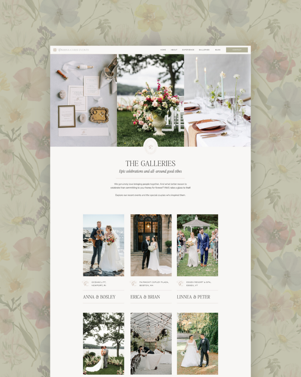 A gallery webpage showcasing wedding photos, table settings, floral arrangements, and featured couples. The layout includes a large hero collage at top and a grid of wedding galleries below, framed by a soft floral background.