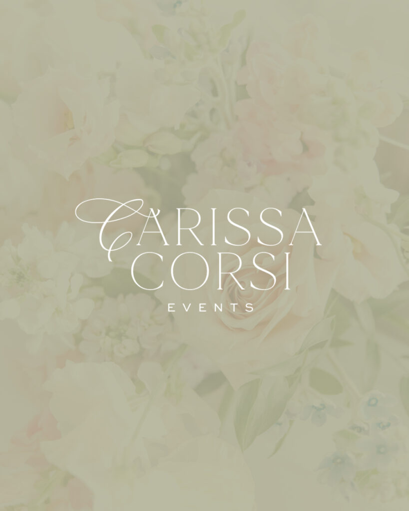 Soft, pastel floral background with the Carissa Corsi Events logo centered in elegant serif lettering. The design feels delicate and romantic, featuring muted roses and greenery behind the brand name. 