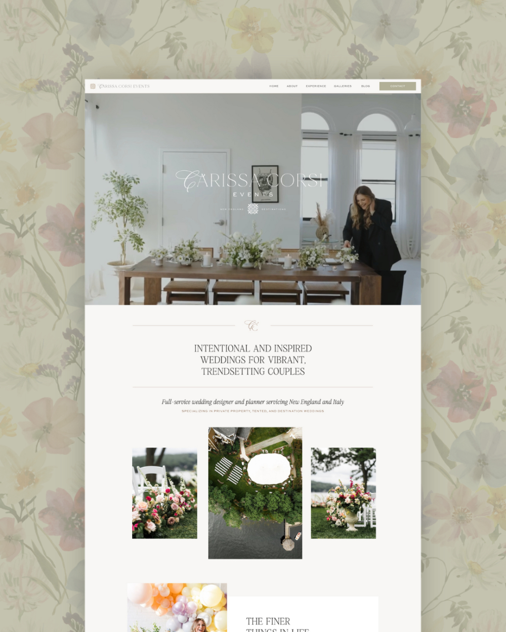 Homepage of Carissa Corsi Events featuring a planner arranging floral décor at a long table. Below, a clean layout shows wedding imagery, floral arrangements, and introductory text about intentional, inspired wedding planning.