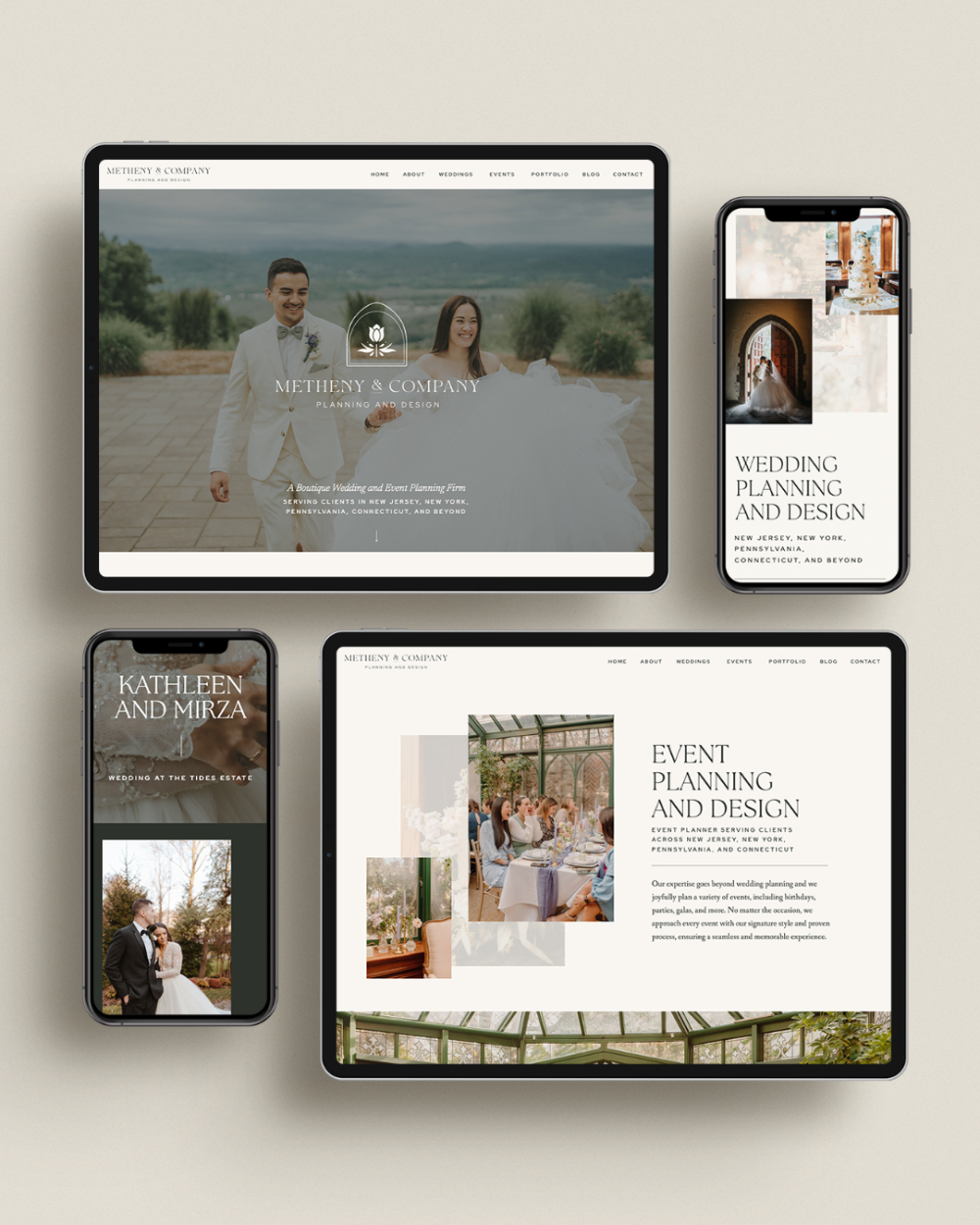 Responsive wedding planner website mockups showing Metheny & Company across tablets and phones, featuring bride and groom portraits, event planning details, and elegant editorial-style layouts.