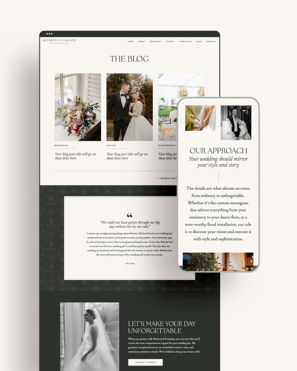 A blog and services preview from a wedding planner website, highlighting wedding advice, floral images, testimonials, and a mobile view of the company’s approach section.