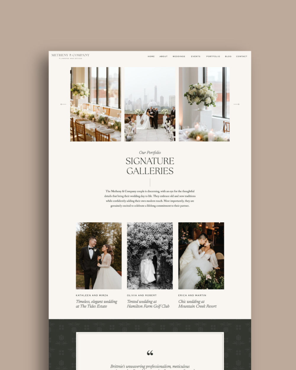 A sophisticated portfolio page from a wedding planner website showcasing signature galleries with ceremony décor, rooftop weddings, and couple portraits in a clean, editorial layout.