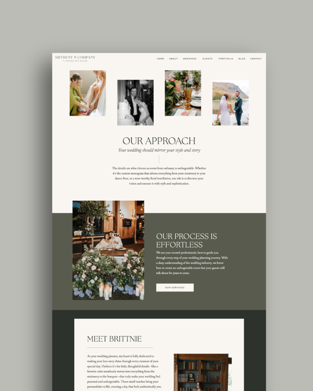 A refined wedding planner website page featuring Metheny & Company’s approach and process, with elegant photos of couples, floral installations, and reception décor, presented in a clean neutral layout.