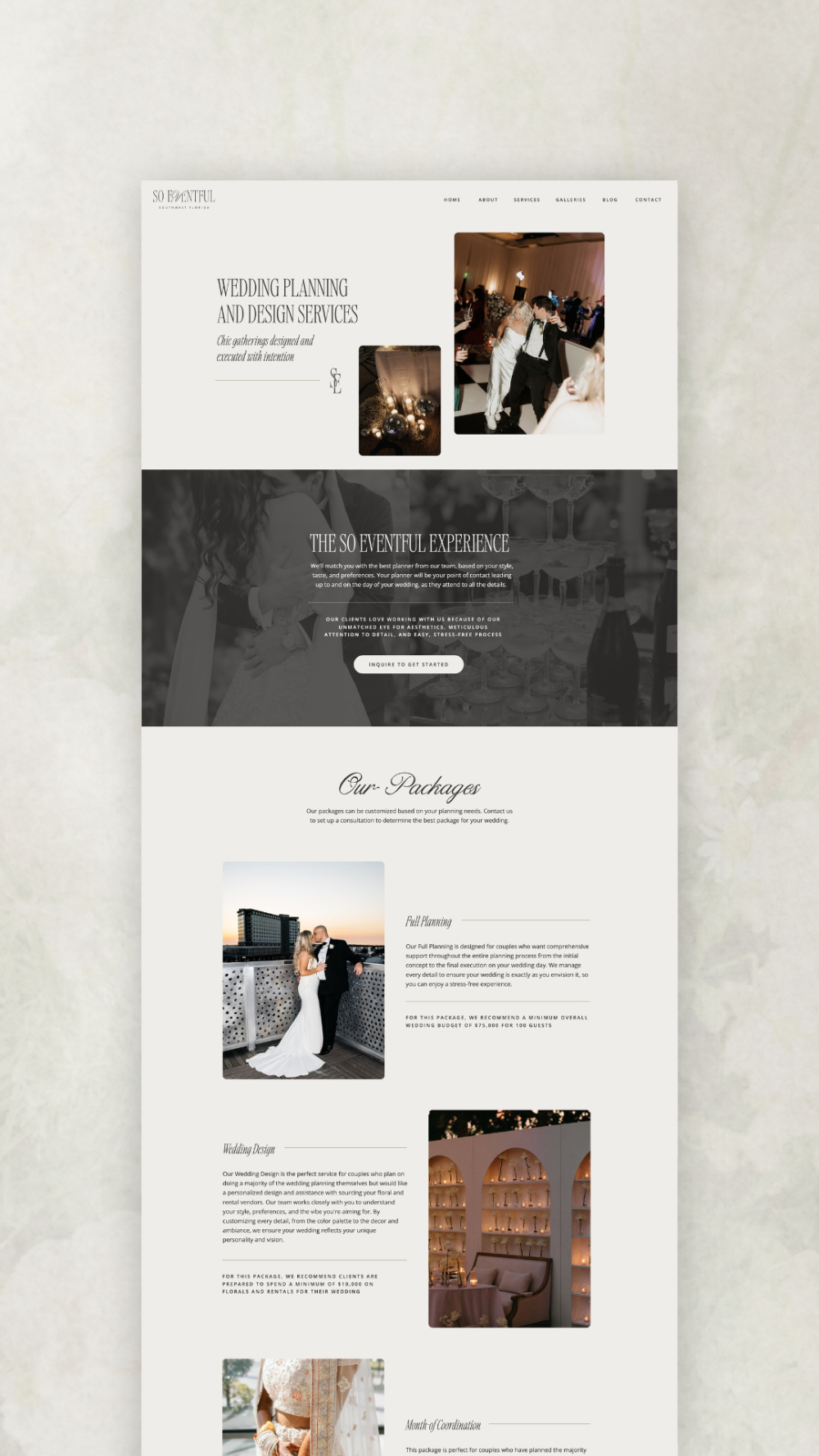 A clean, minimalist wedding planner website layout showing planning and design services, event photos, and detailed package descriptions for full planning, design, and coordination.