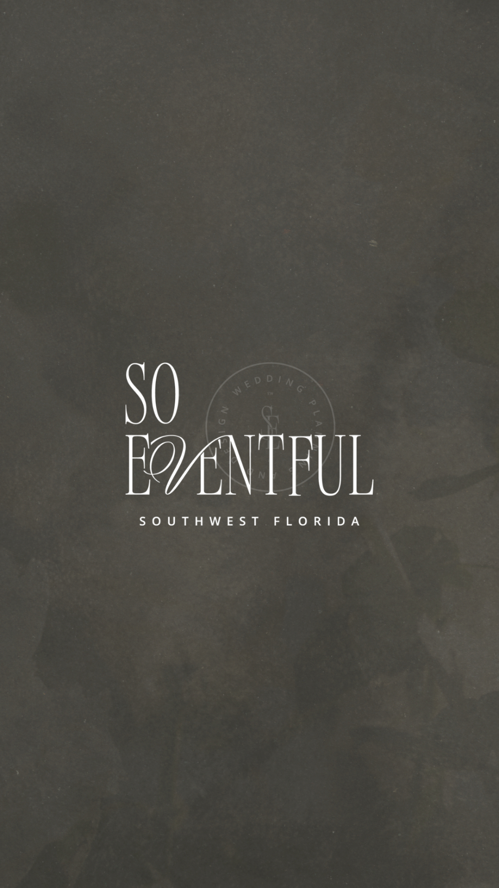A dark textured branding graphic displaying the So Eventful logo with refined serif lettering and a subtle circular emblem, used as part of the company’s wedding planner branding suite.