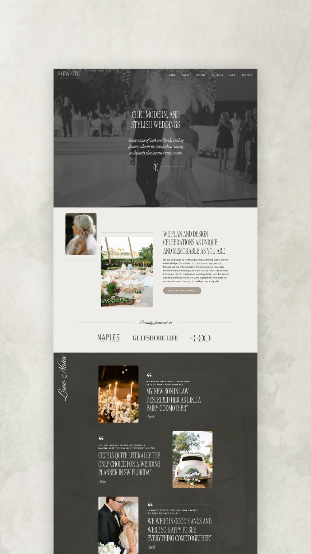 A sophisticated wedding planner website homepage featuring a black-and-white hero image of a couple’s first dance, followed by event photos, service descriptions, and client testimonials in an elegant layout.