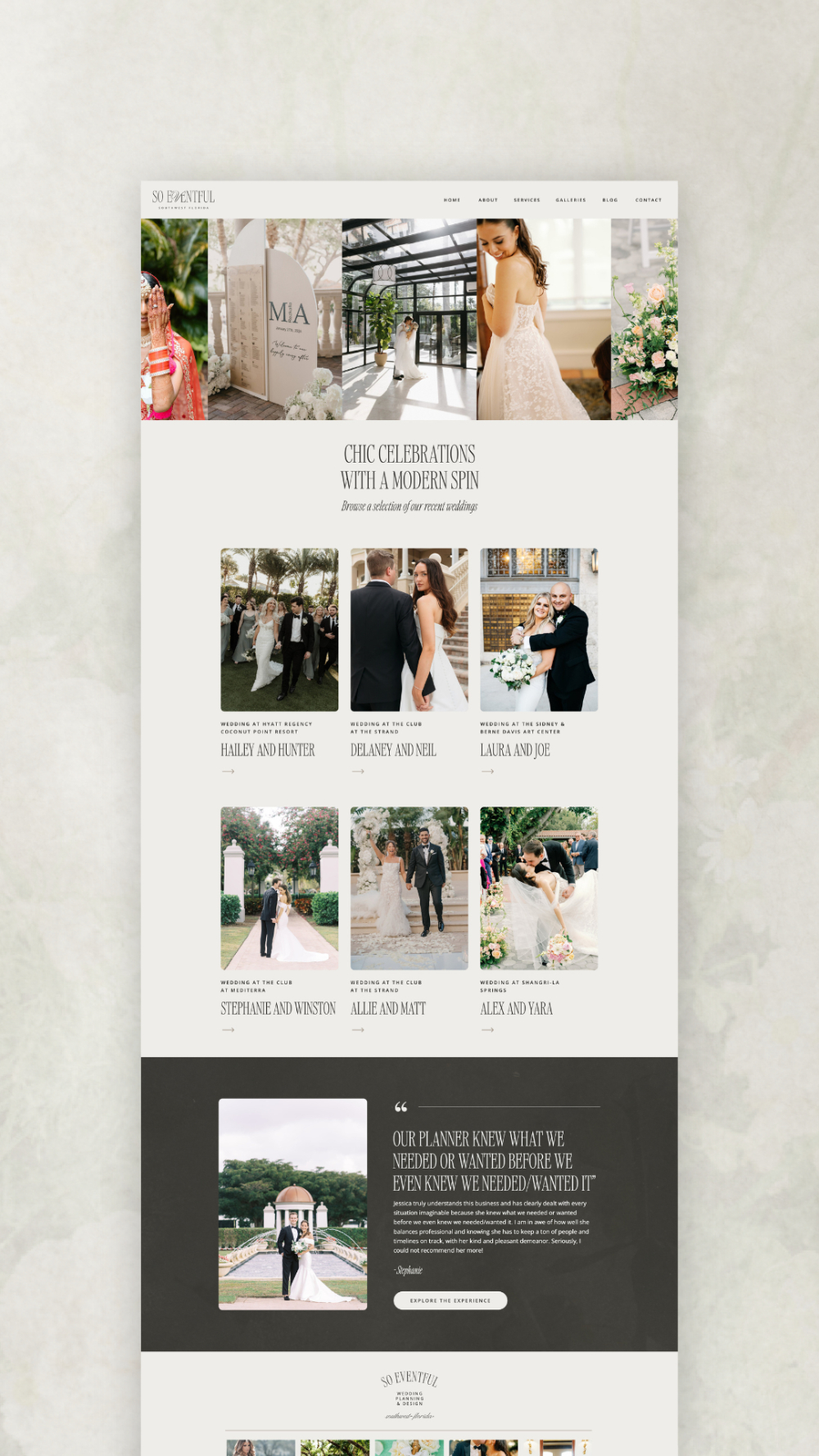 A modern, elegant wedding planner website gallery page featuring photos of diverse couples, ceremony moments, and floral décor. Soft neutral tones highlight recent weddings planned by the company.