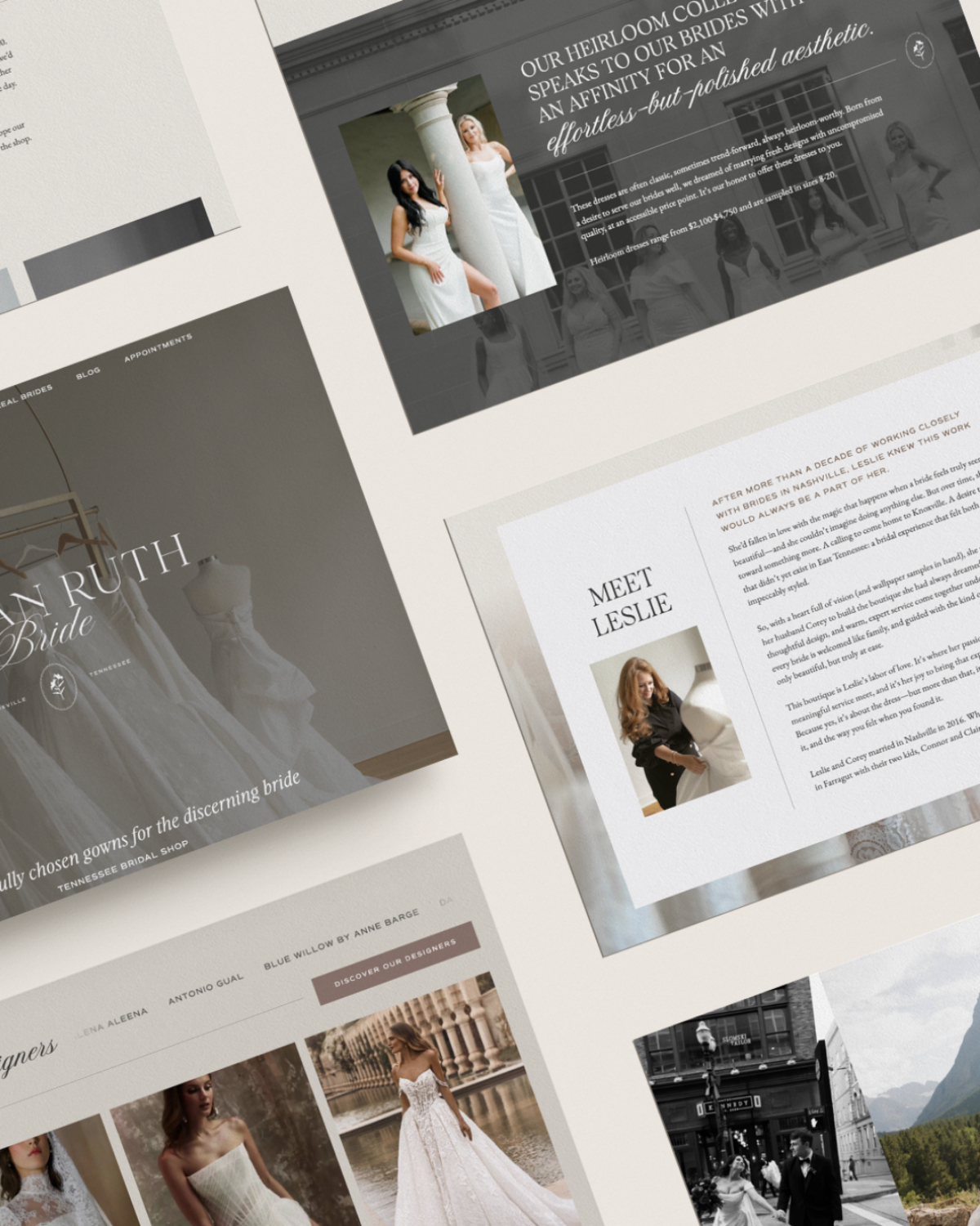 Flat lay of a custom wedding website design showing elegant typography, bridal imagery, and neutral color tones.