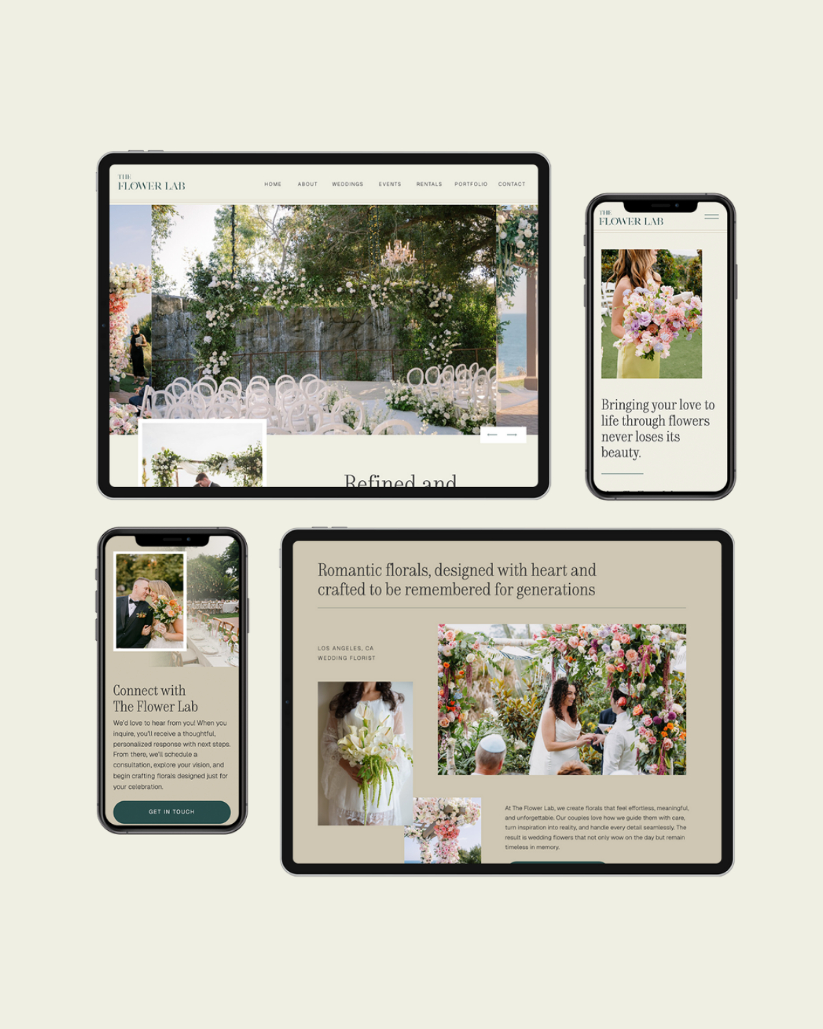 Responsive website design for a florist shown across desktop, tablet, and mobile screens with floral imagery.