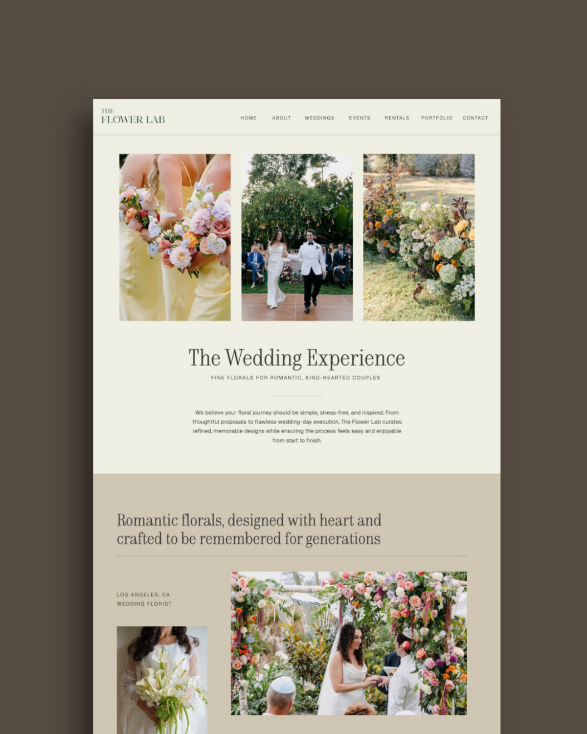 Homepage view of a florist website featuring wedding imagery, soft neutral colors, and clean typography.