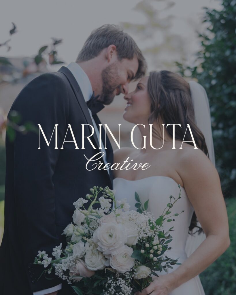 Marin Guta Creative logo on image of bride and groom touching noses