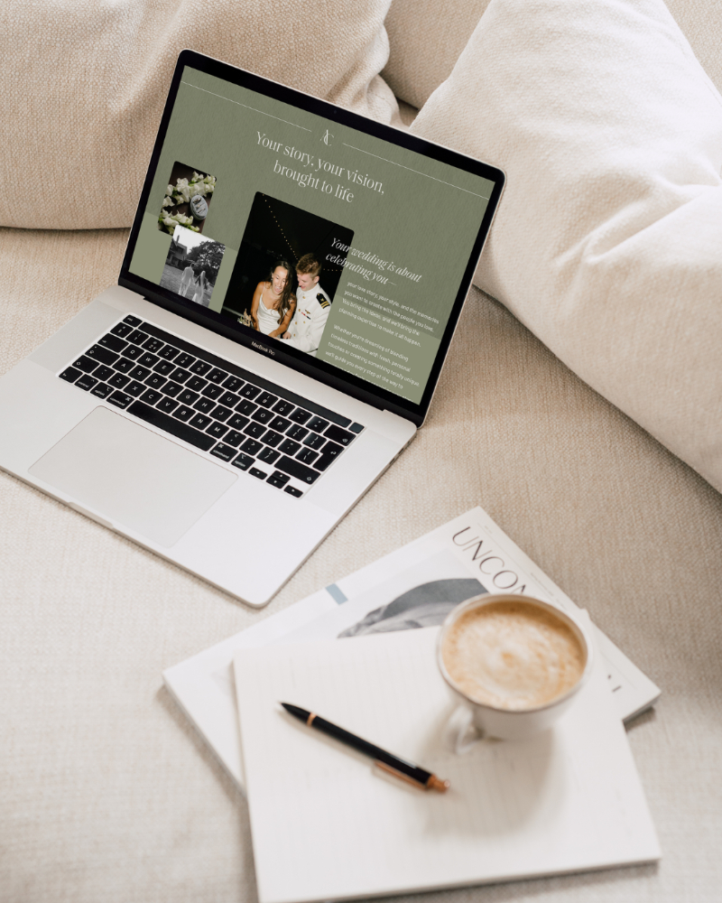 Laptop displaying a wedding website design next to coffee, representing simple website management with Showit hosting.