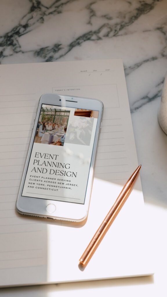 Mobile website design for an event planner displayed on smartphone, showing responsive layouts supported by Showit Hosting.