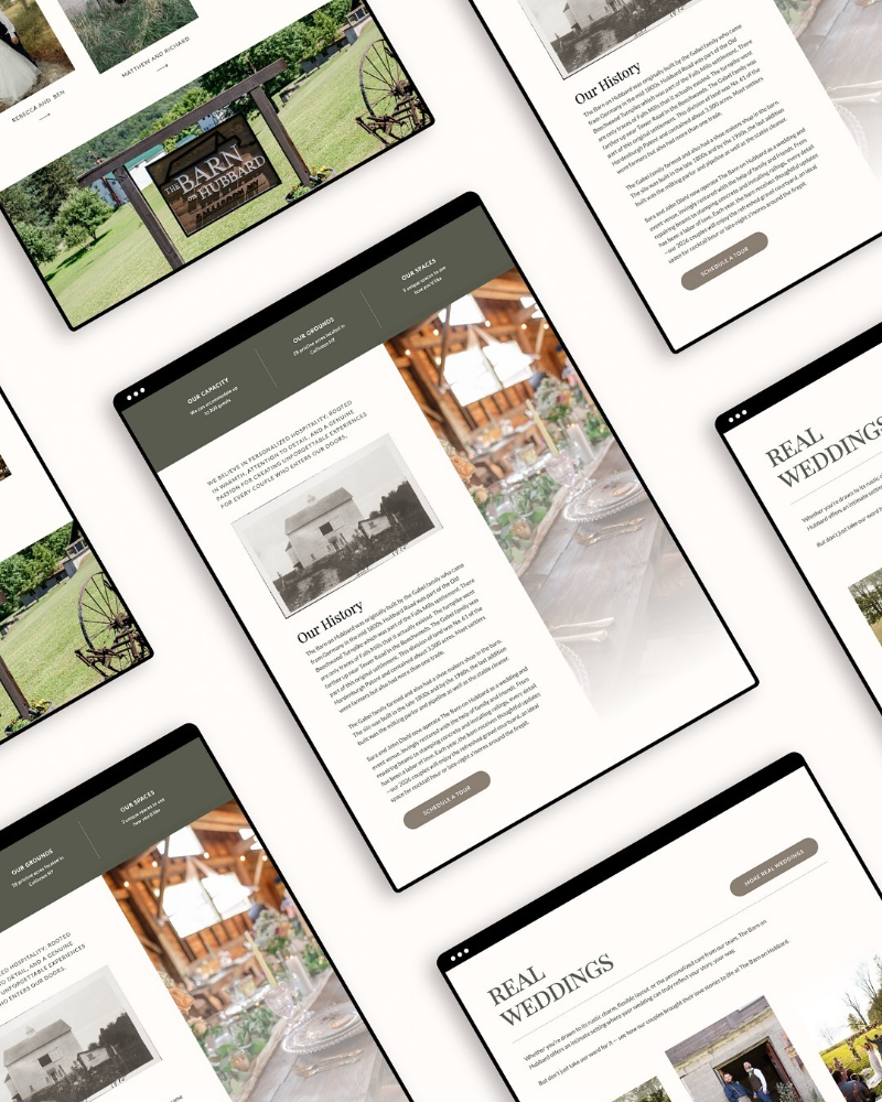 Website design mockups displayed on tablets showing elegant layouts powered by Showit Hosting for wedding professionals.