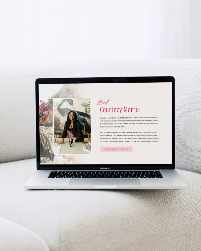 Laptop displaying about page design example for writing website copy with clean, modern layout