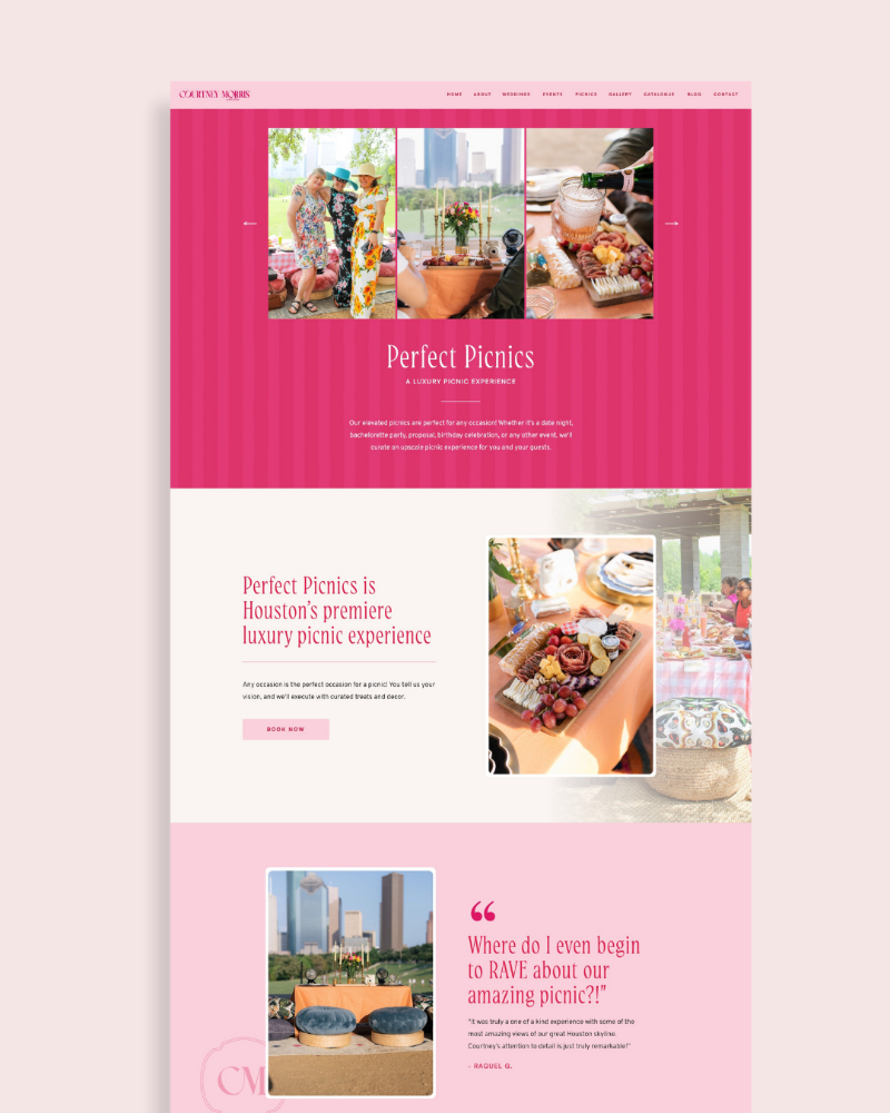 Bright website design showcasing writing website copy for a luxury picnic brand with bold, colorful layout